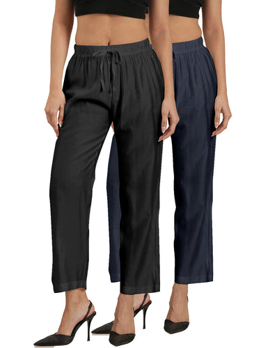Femmora Women’s High-Rise Lounge Pyjamas | Soft Viscose Blend Relaxed Fit Bottoms with Drawstring Waist | Lightweight Sleepwear & Loungewear | Black & Blue |Pack of 2