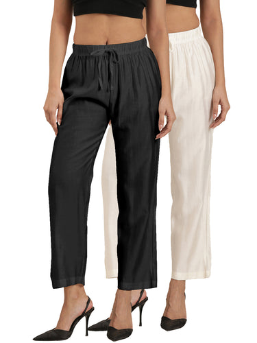 Femmora Women’s High-Rise Lounge Pyjamas | Soft Viscose Blend Relaxed Fit Bottoms with Drawstring Waist | Lightweight Sleepwear & Loungewear | Black & Off White |Pack of 2